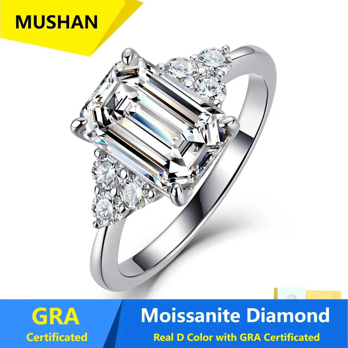 MUSHAN Luxury Jewelry 925 Sterling Silver Ring Band Women GRA Certificated Moissanite Diamond Emerald D Color Rings Fine Jewelry