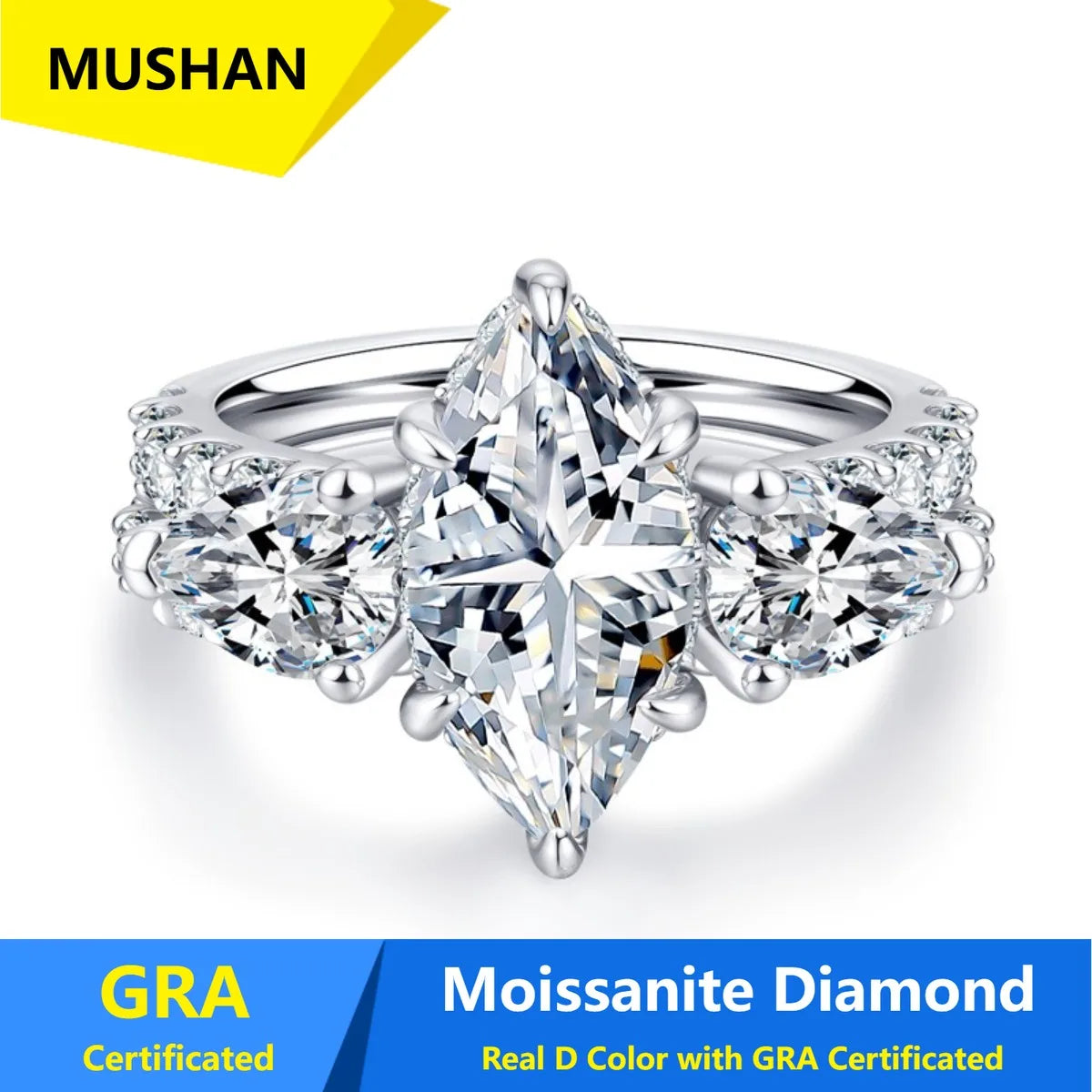 Anillo de banda de plata de ley 925 de MUSHAN Luxury Jewelry para mujer, con diamante de moissanita y esmeralda, color D, con certificado GRA, joyería fina