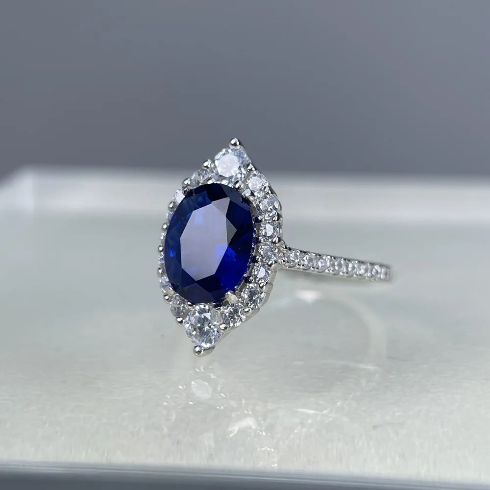 MuShan Designer Jewelry 925 Sterling Silver Ring Blue High Carbon Diamond Gemstones Rings Band for Women Rhodium Plated Rings