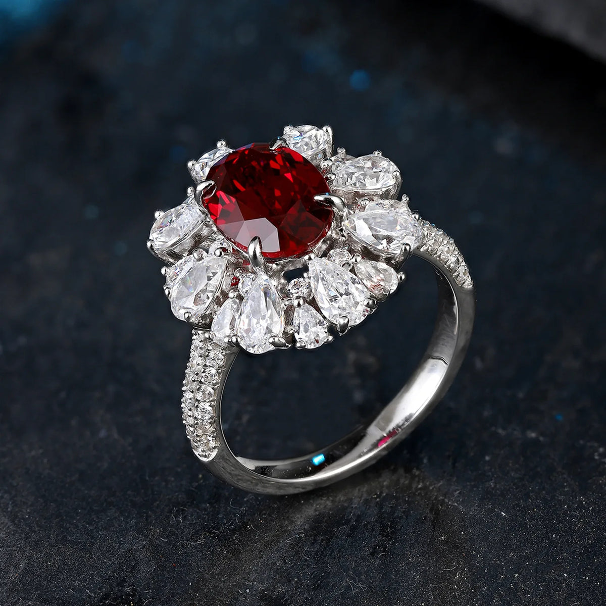 MUSHAN Custom Jewelry 925 Sterling Silver Ring Lab Red Ruby Marquise Classic Ring for Women 18K Gold Plated Anniversary Rings