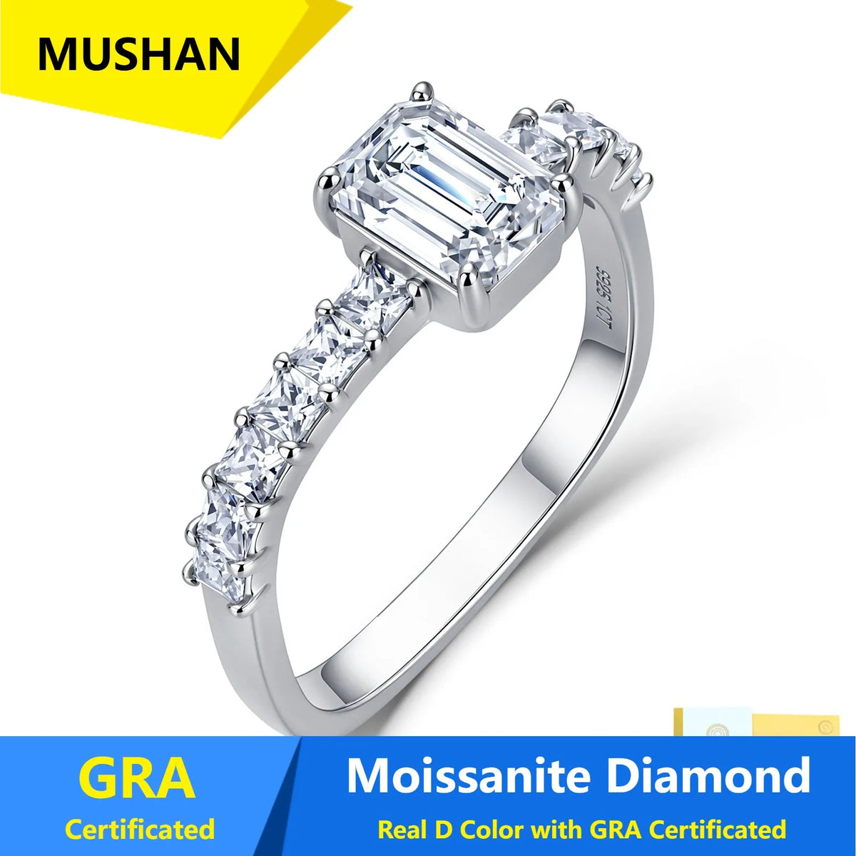 Anillo de lujo MUSHAN de plata de ley 925 para mujer, con diamante de moissanita certificado por GRA, color esmeralda D, joyería fina