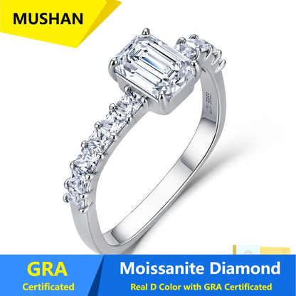 Anillo de lujo MUSHAN de plata de ley 925 para mujer, con diamante de moissanita certificado por GRA, color esmeralda D, joyería fina