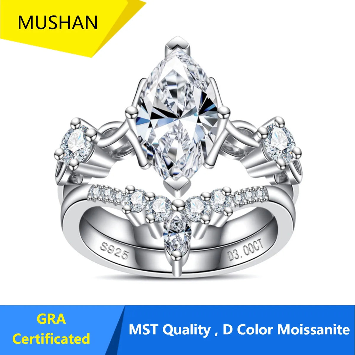 Anillo de bodas de plata de ley 925 de MUHAN Luxury Jewelry, anillo de diamante de moissanita para mujer con certificado GRA, color D, joyería fina