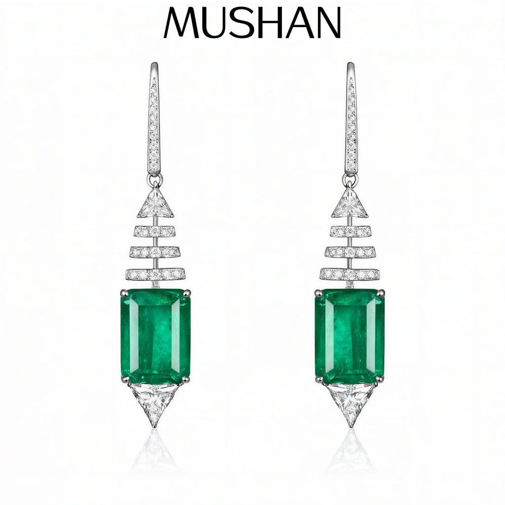MuShan Jewelry 925 Sterling Silver Earrings HCD Emerald Luxury 5A CZ Gemstones s925 Silver Stud Drop Pendant Earring Accessories