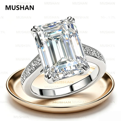 Anillo de lujo MUSHAN de plata de ley 925 para mujer, con diamante de moissanita certificado por GRA, esmeralda, color D, joyería fina