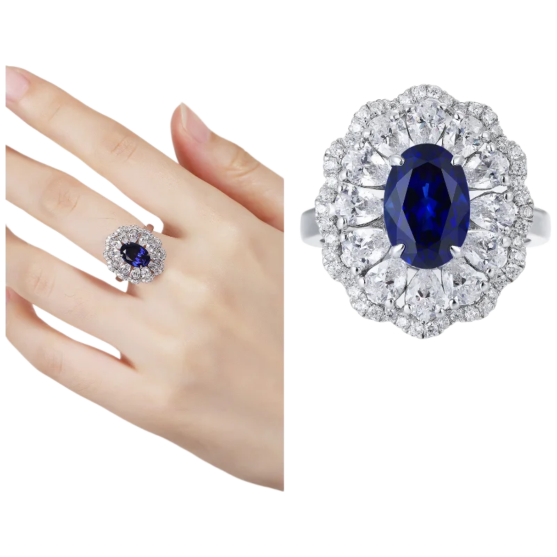 MUSHAN Custom Jewelry 925 Sterling Silver Ring Lab Blue Sapphire Heart Wedding Ring for Women 18K Gold Plated Anniversary Rings