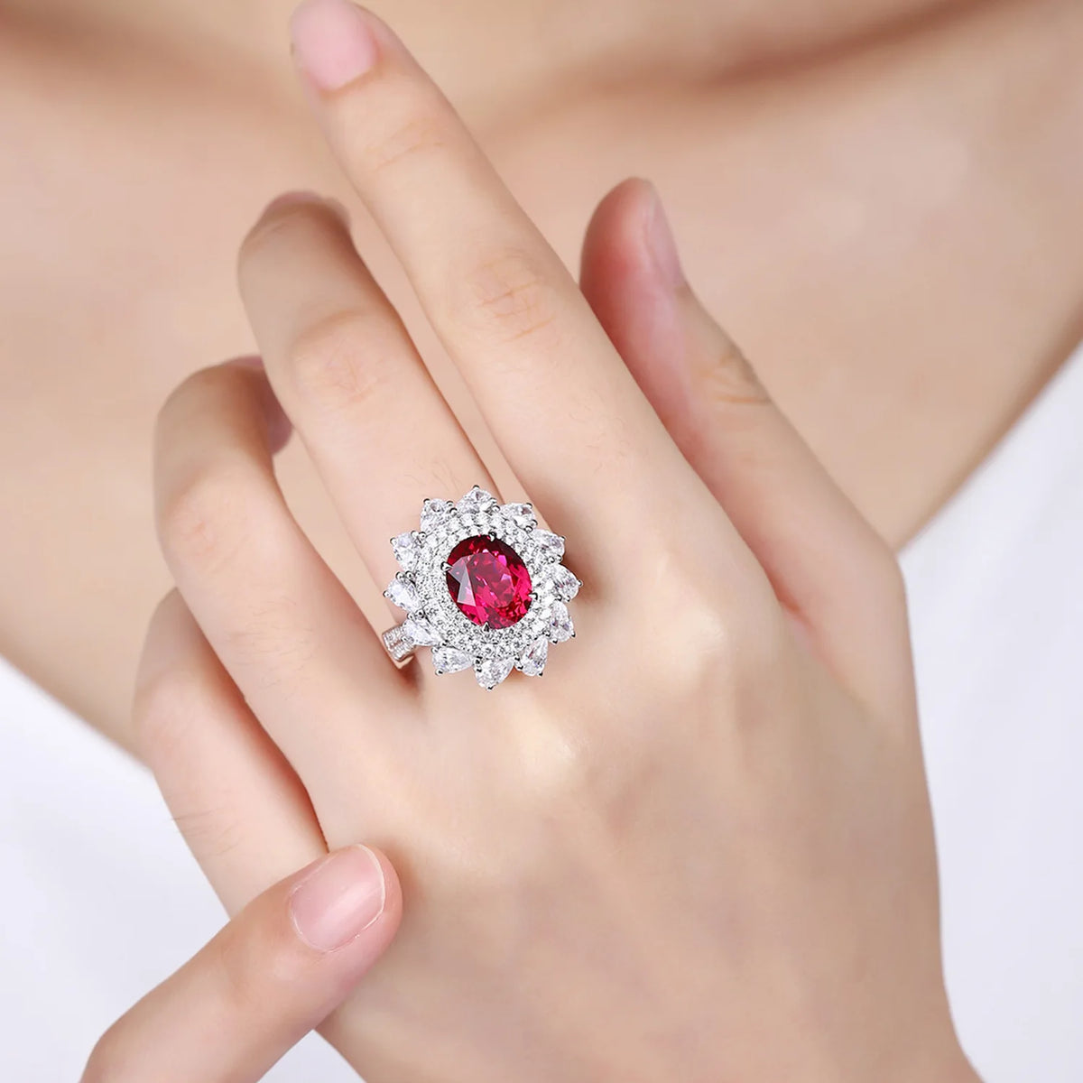 MUSHAN Custom Jewelry 925 Sterling Silver Ring Lab Red Emerald Radiant Modern Ring for Women 18K Gold Plated Anniversary Rings