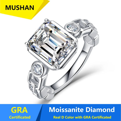 Anillo de joyería de lujo MUSHAN de plata de ley 925 para mujer, anillo de diamantes de moissanita con certificación GRA, color D, esmeralda, joyería fina