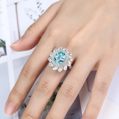 MUSHAN Custom Jewelry 925 Sterling Silver Ring Lab Blue Emerald Heart Daily Ring for Women 18K Gold Plated Anniversary Rings