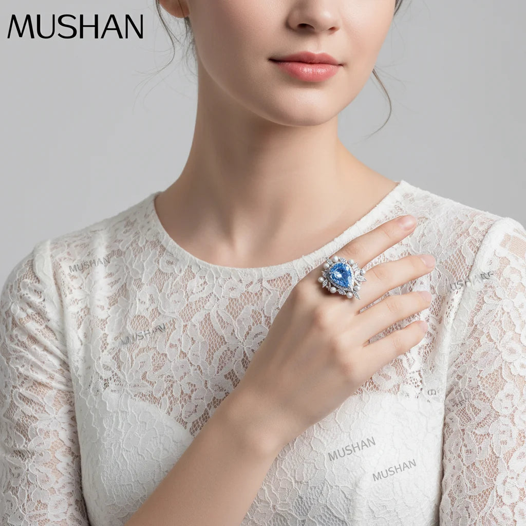 MUSHAN Luxury Jewelry 925 Sterling Silver Rings Bands High Carbon Gemstones 11*15mm Aquamarine Water Drop Ring S925 Fine Jewelry