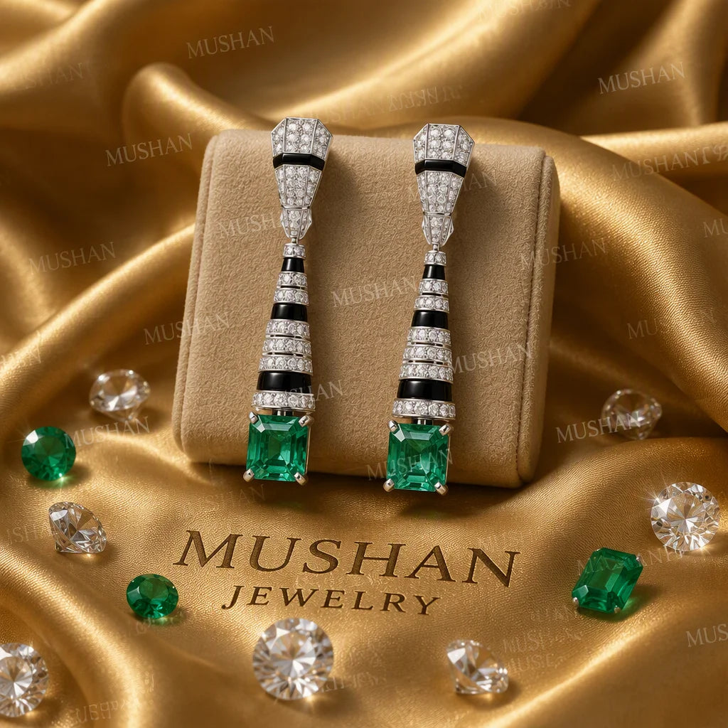 MuShan Jewelry 925 Sterling Silver Drop Earrings Women Black Enamel 2.5ctw Green Gemstones 79mm Long Earrings Stud Fine Jewelry