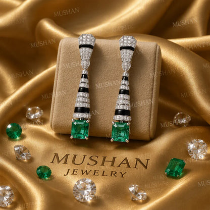 MuShan Jewelry 925 Sterling Silver Drop Earrings Women Black Enamel 2.5ctw Green Gemstones 79mm Long Earrings Stud Fine Jewelry