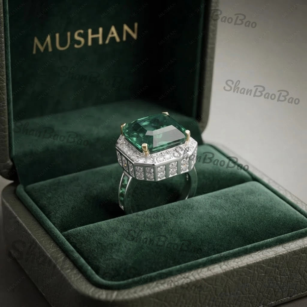 ShanBaoBao Luxury Jewelry 925 Sterling Silver Ring Band 12ctw High Carbon Diamond Green Gemstones Rings For Women s925 Jewelry
