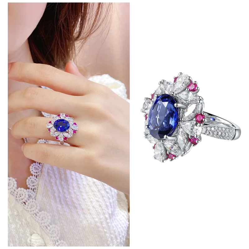 MUSHAN Custom Jewelry 925 Sterling Silver Ring Lab Blue Emerald Marquise Anniversary Ring for Women 18K Gold Plated Estate Ring