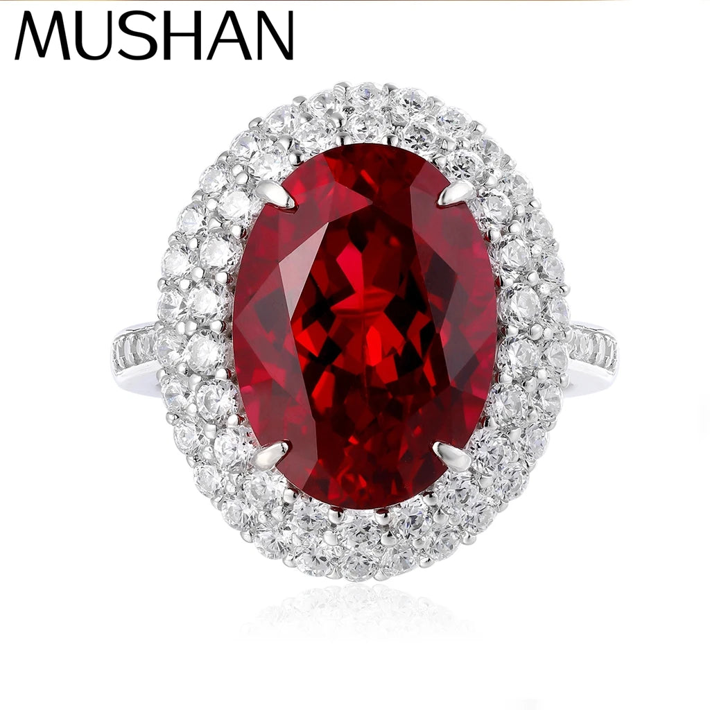 Anillo de compromiso MUSHAN de plata de ley 925 con zafiro rojo de laboratorio corte Asscher para mujer, bañado en oro de 18 quilates, certificado GRC