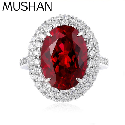 Anillo de compromiso MUSHAN de plata de ley 925 con zafiro rojo de laboratorio corte Asscher para mujer, bañado en oro de 18 quilates, certificado GRC