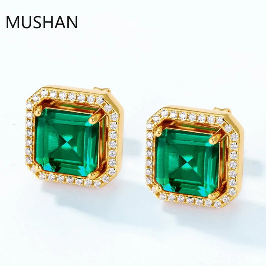 MUSHAN Luxury Jewelry S 925 Sterling Silver Stud Earrings Women GRC Certificated Lab Grown Emerald Earrings Stud Ear Pin Jewelry