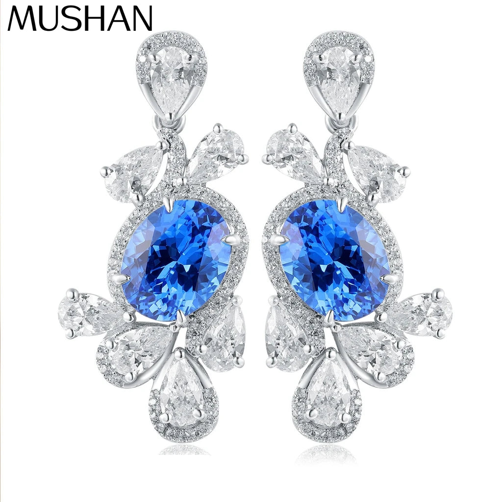 MUSHAN Custom Jewelry 925 Sterling Silver Earrings Lab Blue Sapphire Oval Party Wear for Women 18K Gold Plated Anniversary
