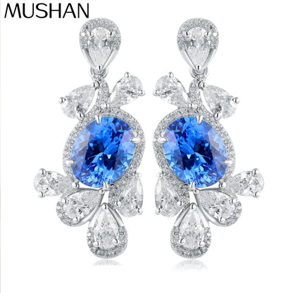 MUSHAN Custom Jewelry 925 Sterling Silver Earrings Lab Blue Sapphire Oval Party Wear for Women 18K Gold Plated Anniversary