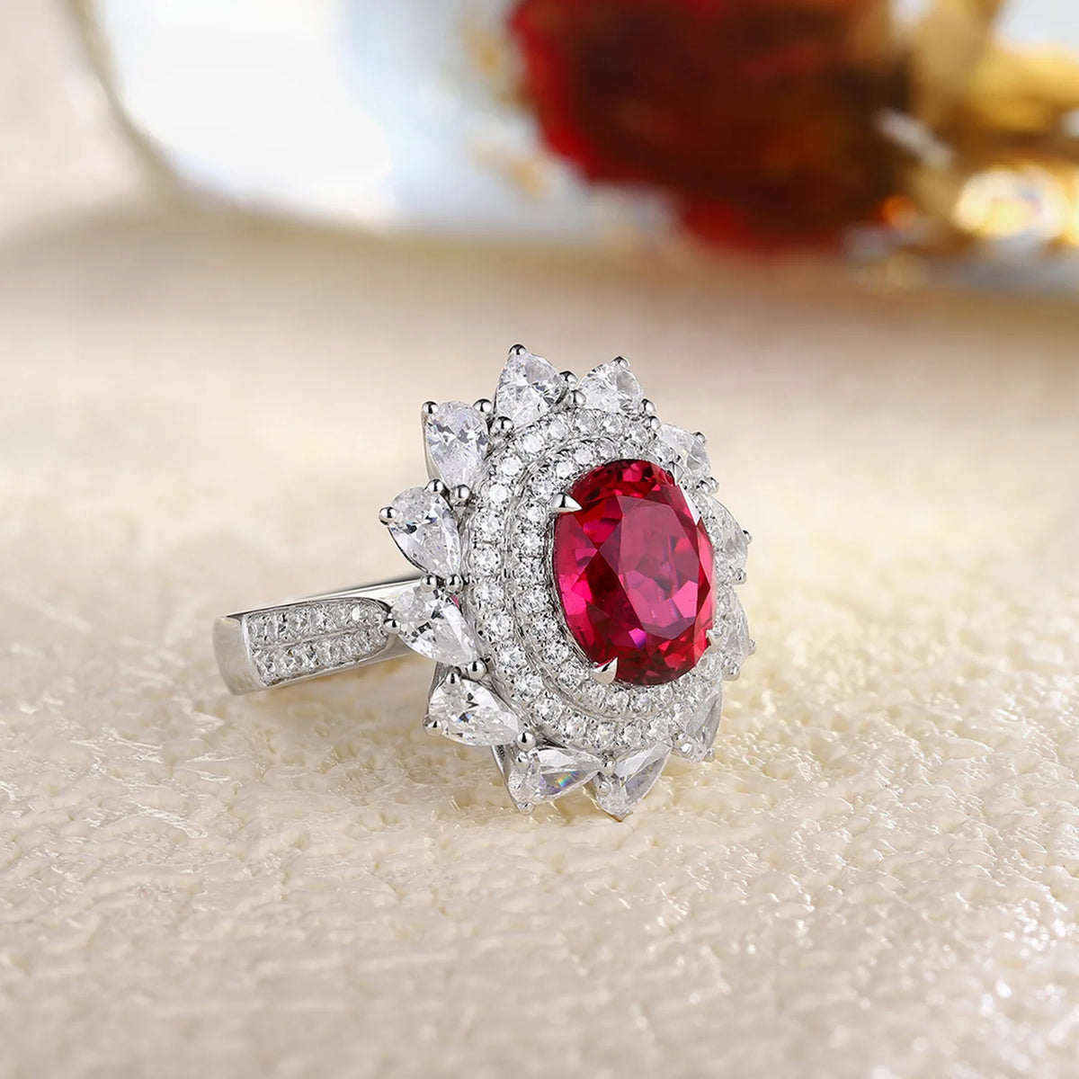 MUSHAN Custom Jewelry 925 Sterling Silver Ring Lab Red Emerald Radiant Modern Ring for Women 18K Gold Plated Anniversary Rings