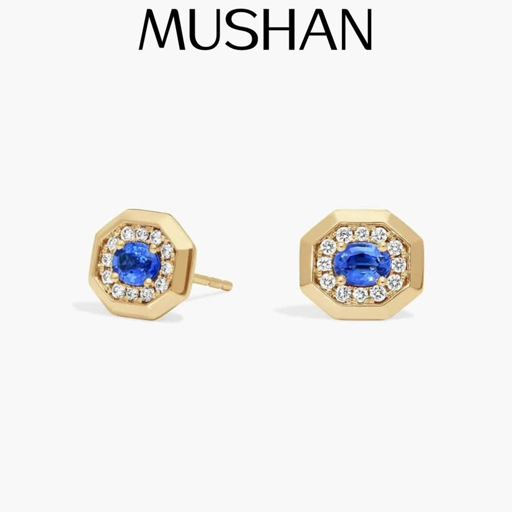 MUSHAN Custom Jewelry 925 Sterling Silver Earrings Lab Blue Ruby Oval Bridal Gift for Women 18K Gold Plated Anniversary Earring
