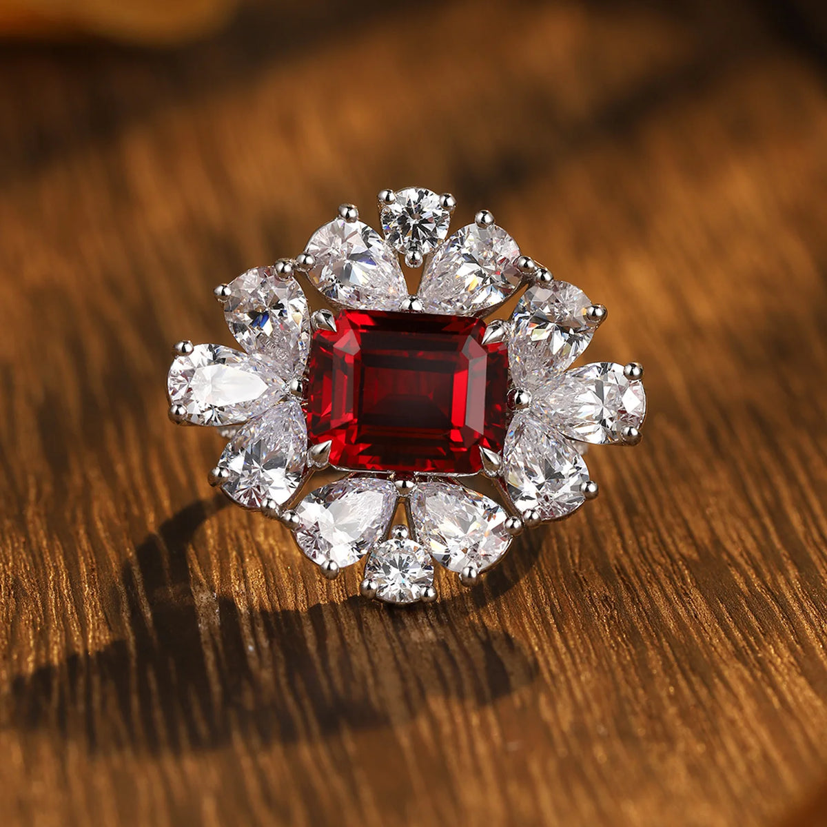 MUSHAN Custom Jewelry 925 Sterling Silver Ring Lab Red Ruby Radiant Modern Ring for Women 18K Gold Plated Anniversary Rings