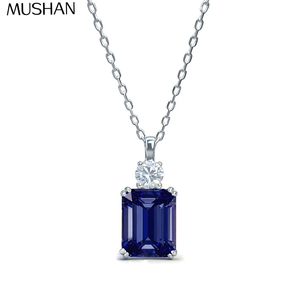 MuShan Jewelry 925 Sterling Silver Necklace Lab Grown Sapphire Round Party Wear for Women 18K Gold Plated Anniversary Necklace
