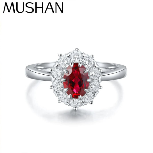 Anillo de plata de ley 925 MUSHAN Custom Jewelry con zafiro rojo creado en laboratorio, radiante y romántico regalo para mujer, anillo estilo vintage chapado en oro de 18K