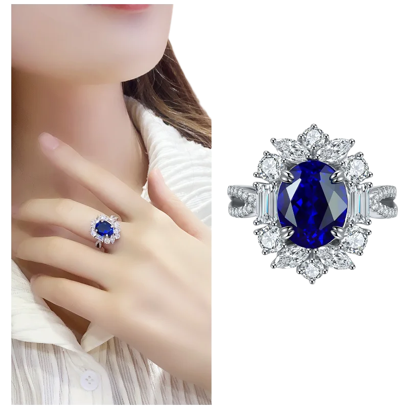 MUSHAN Custom Jewelry 925 Sterling Silver Ring Lab Blue Ruby Round Bridal Ring for Women 18K Gold Plated Anniversary Rings