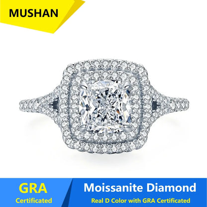 Anillo de lujo MUSHAN de plata de ley 925 para mujer, anillo con diamante de moissanita, certificado GRA, color D, esmeralda, joyería fina