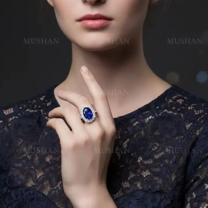 MUSHAN Luxury Jewelry 925 Sterling Silver Ring Band For Women 4.4 Carat 8*12mm Blue Oval Gemstones Sapphire Rings Fine Jewelry