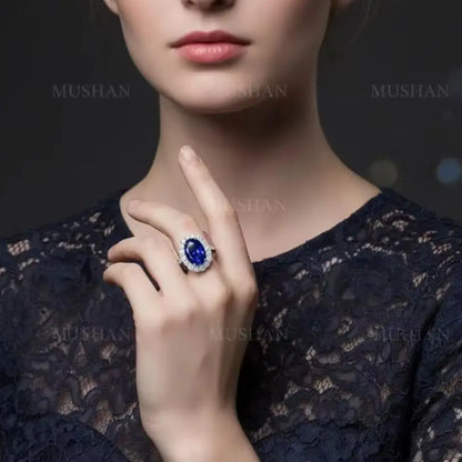 MUSHAN Luxury Jewelry 925 Sterling Silver Ring Band For Women 4.4 Carat 8*12mm Blue Oval Gemstones Sapphire Rings Fine Jewelry