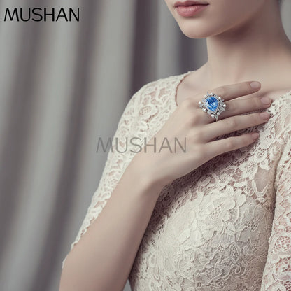 MUSHAN Luxury Jewelry 925 Sterling Silver Rings Bands High Carbon Gemstones 11*15mm Aquamarine Water Drop Ring S925 Fine Jewelry