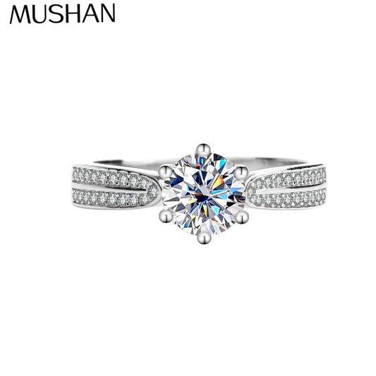 Mushan Luxury Jewelry S925 Silver Moissanite Star Queen Ring Pure Silver Ring With Six Prongs Of Diamonds For Women