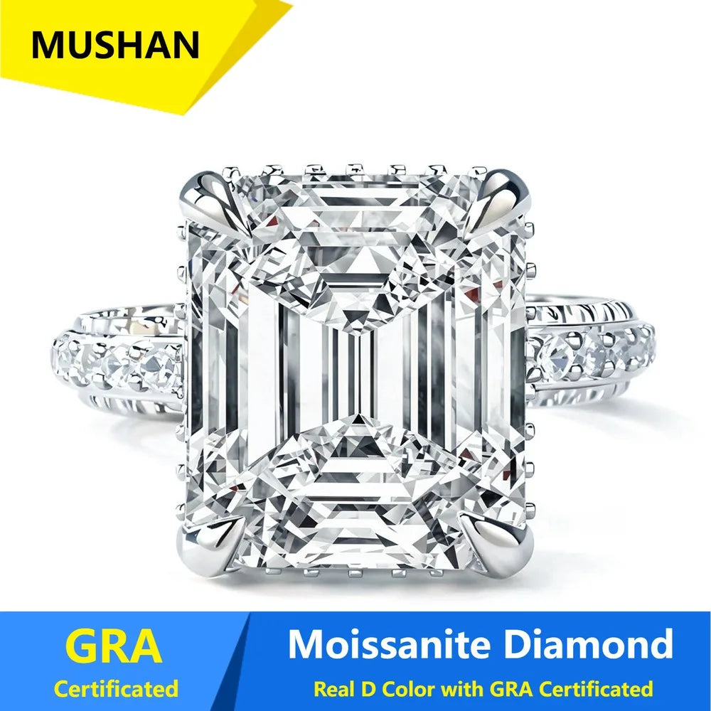 Anillo de joyería de lujo MUSHAN de plata de ley 925 para mujer, anillo de diamantes de moissanita con certificado GRA, color D, esmeralda, joyería fina