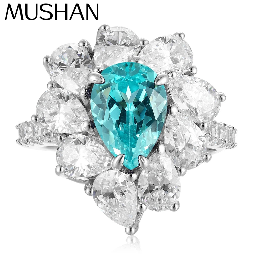 MUSHAN Custom Jewelry 925 Sterling Silver Ring Lab Blue Emerald Heart Luxury Ring for Women 18K Gold Plated Anniversary Rings
