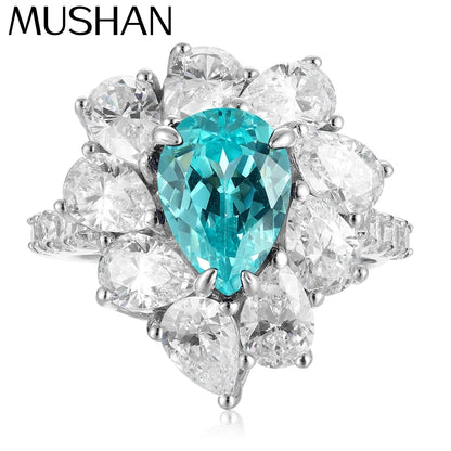 MUSHAN Custom Jewelry 925 Sterling Silver Ring Lab Blue Emerald Heart Luxury Ring for Women 18K Gold Plated Anniversary Rings