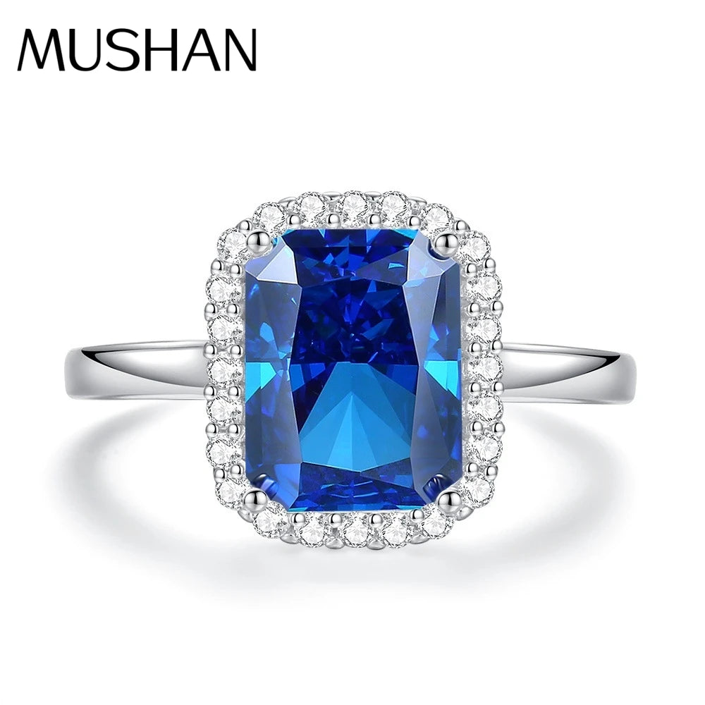 MuShan Luxury Jewelry Real 925 Sterling Silver Ring Band For Women High Carbon Diamond Blue Gemstones Rings s925 Fine Jewelry