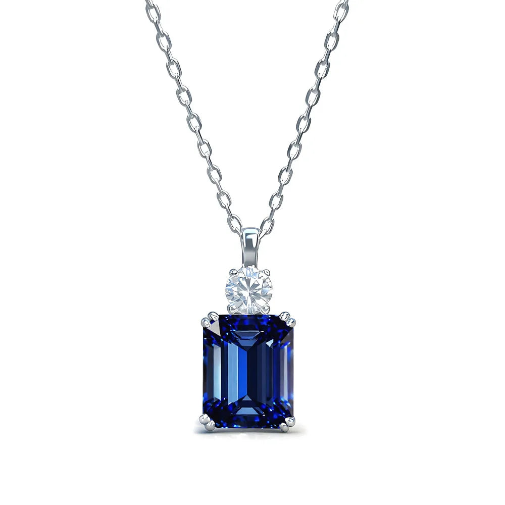 MuShan Jewelry 925 Sterling Silver Necklace Lab Grown Sapphire Round Party Wear for Women 18K Gold Plated Anniversary Necklace