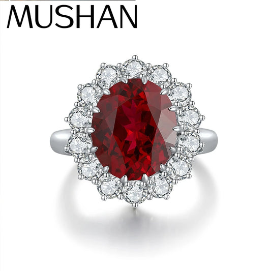 Anillo de compromiso MUSHAN de plata de ley 925 con zafiro rojo de laboratorio en corte cojín para mujer, anillo estilo vintage chapado en oro de 18 quilates
