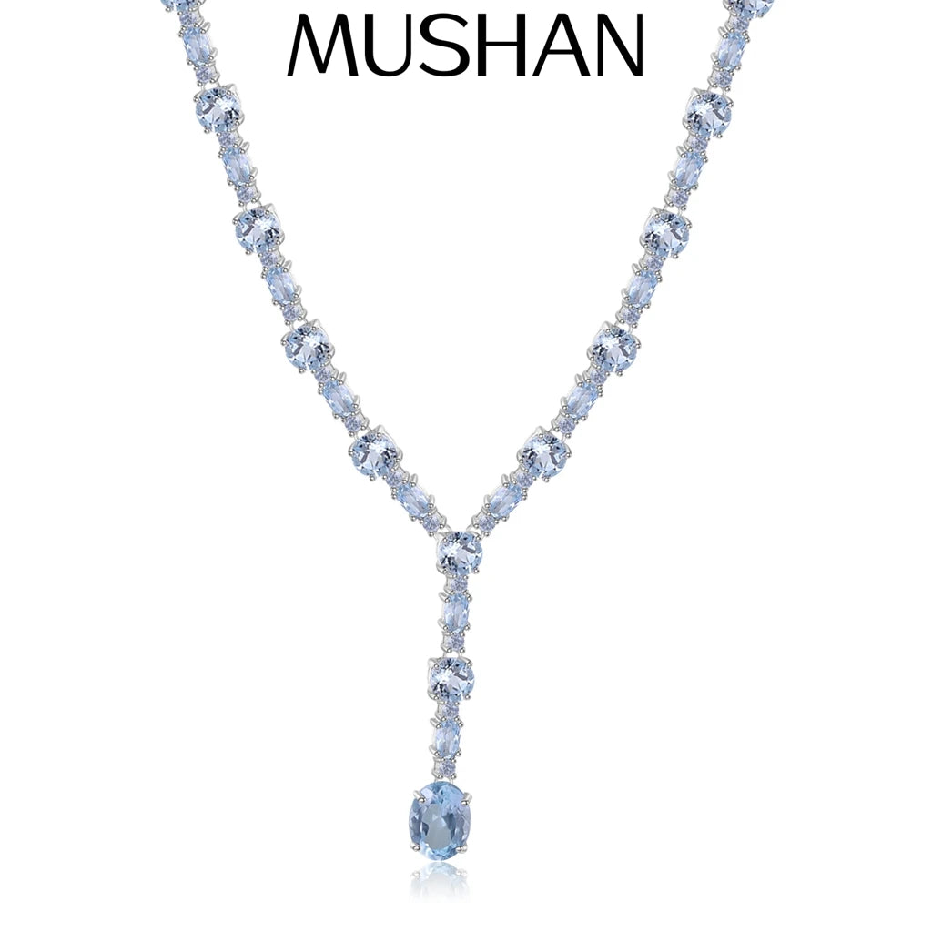 MUSHAN Joyería a medida, collar de plata de ley 925 con zafiro azul de laboratorio, redondo, para fiesta, para mujer, bañado en oro de 18K, aniversario