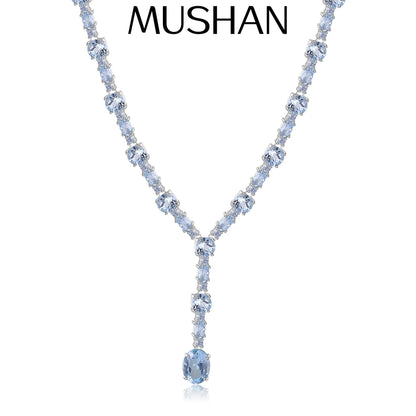 MUSHAN Joyería a medida, collar de plata de ley 925 con zafiro azul de laboratorio, redondo, para fiesta, para mujer, bañado en oro de 18K, aniversario