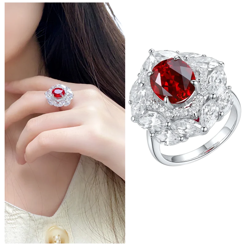 MUSHAN Custom Jewelry 925 Sterling Silver Ring Lab Red Sapphire Radiant Wedding Gift for Women 18K Gold Plated Engagement Ring