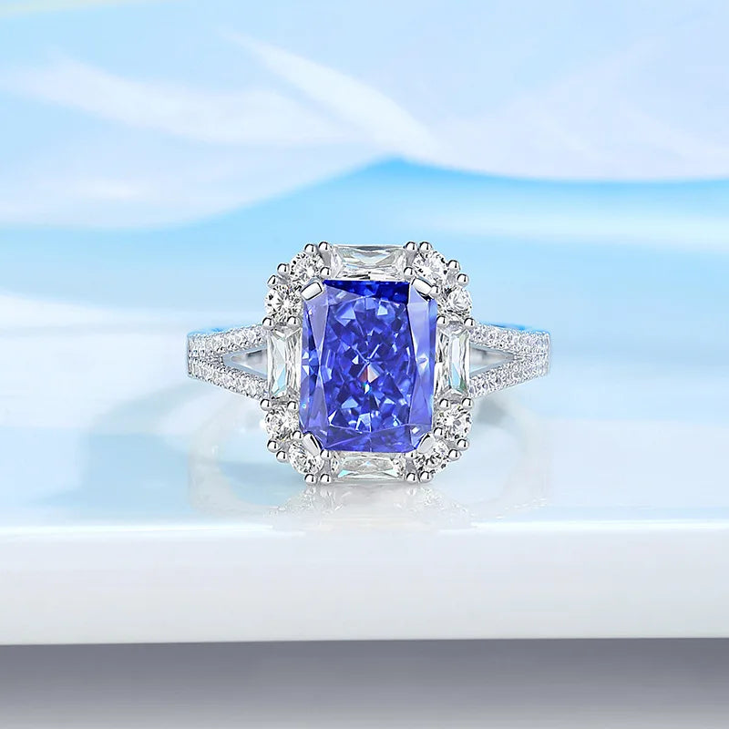 MUSHAN Luxury Jewelry Tanzanite Gem 2.5 Carat Sugar Cube Ring For Women S925 Sterling Silver Rectangular High Carbon Diamond