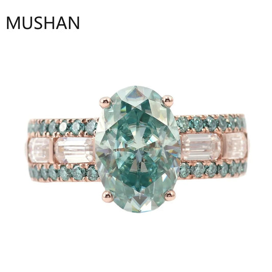 Bague de luxe personnalisée MUSHAN en or 14K/18K ou platine PT950, alliance ornée d'un diamant moissanite vert de 4,5 carats au total pour femme, bijou de mariage