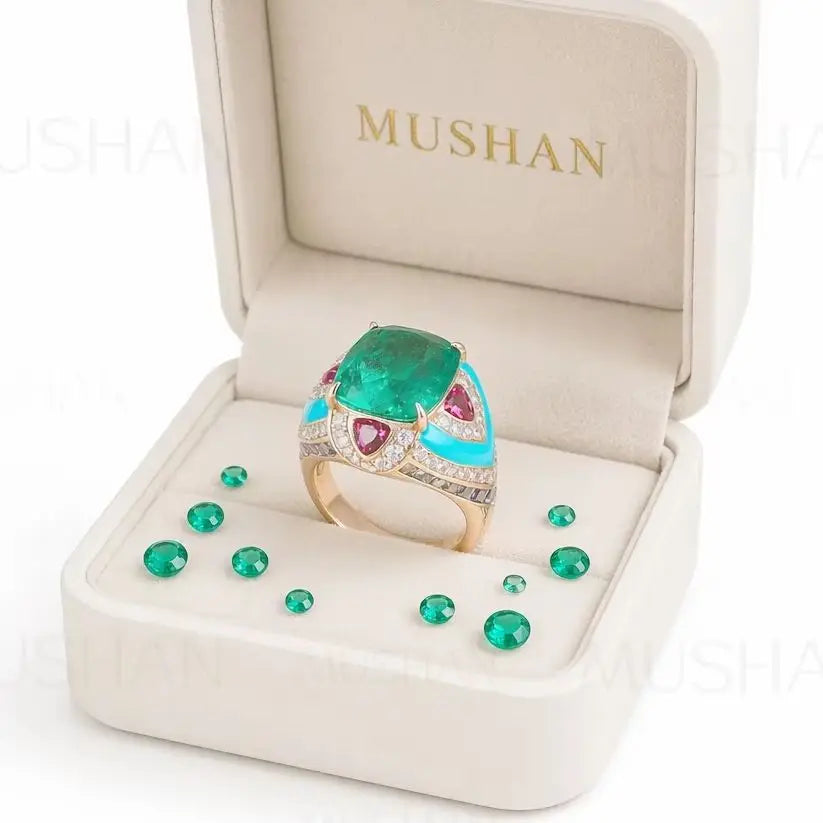 MuShan Jewelry 925 Sterling Silver Ring 9.5ct 11.5g Lab Grown Ruby Emerald Gemstones Rings Band S925 Pure Silver Luxury Jewelry