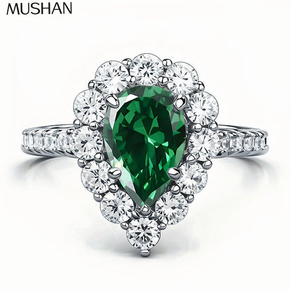 MuShan Designer Jewelry 925 Sterling Silver Ring Band High Carbon Diamond Green Gemstones Rings for Women Rhodium Plated Rings