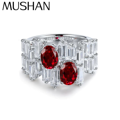 MUSHAN Custom Jewelry 925 Sterling Silver Ring Lab Red Emerald Asscher Formal Ring for Women 18K Gold Plated Anniversary Rings