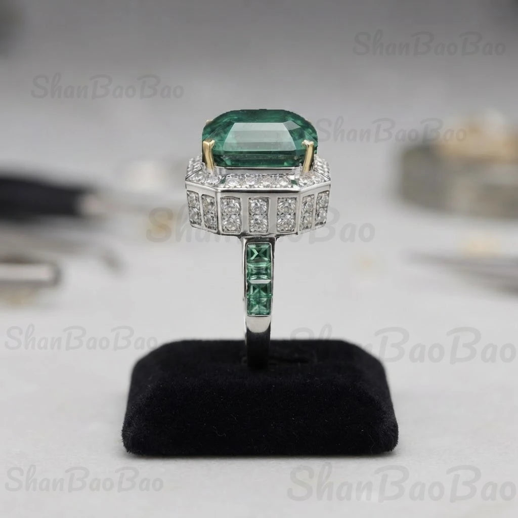 ShanBaoBao Luxury Jewelry 925 Sterling Silver Ring Band 12ctw High Carbon Diamond Green Gemstones Rings For Women s925 Jewelry