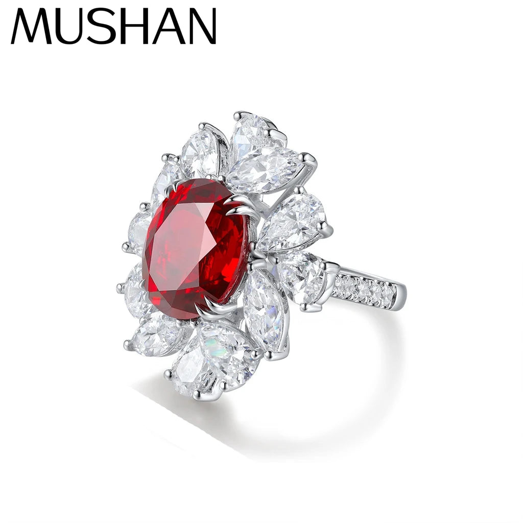 Anillo de compromiso MUSHAN de plata de ley 925 con zafiro rojo creado, corte cojín, chapado en oro de 18 quilates, diseño clásico para mujer